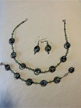 Handmade Green and Black Glass Bead Necklace, Bracelet & Earring Set